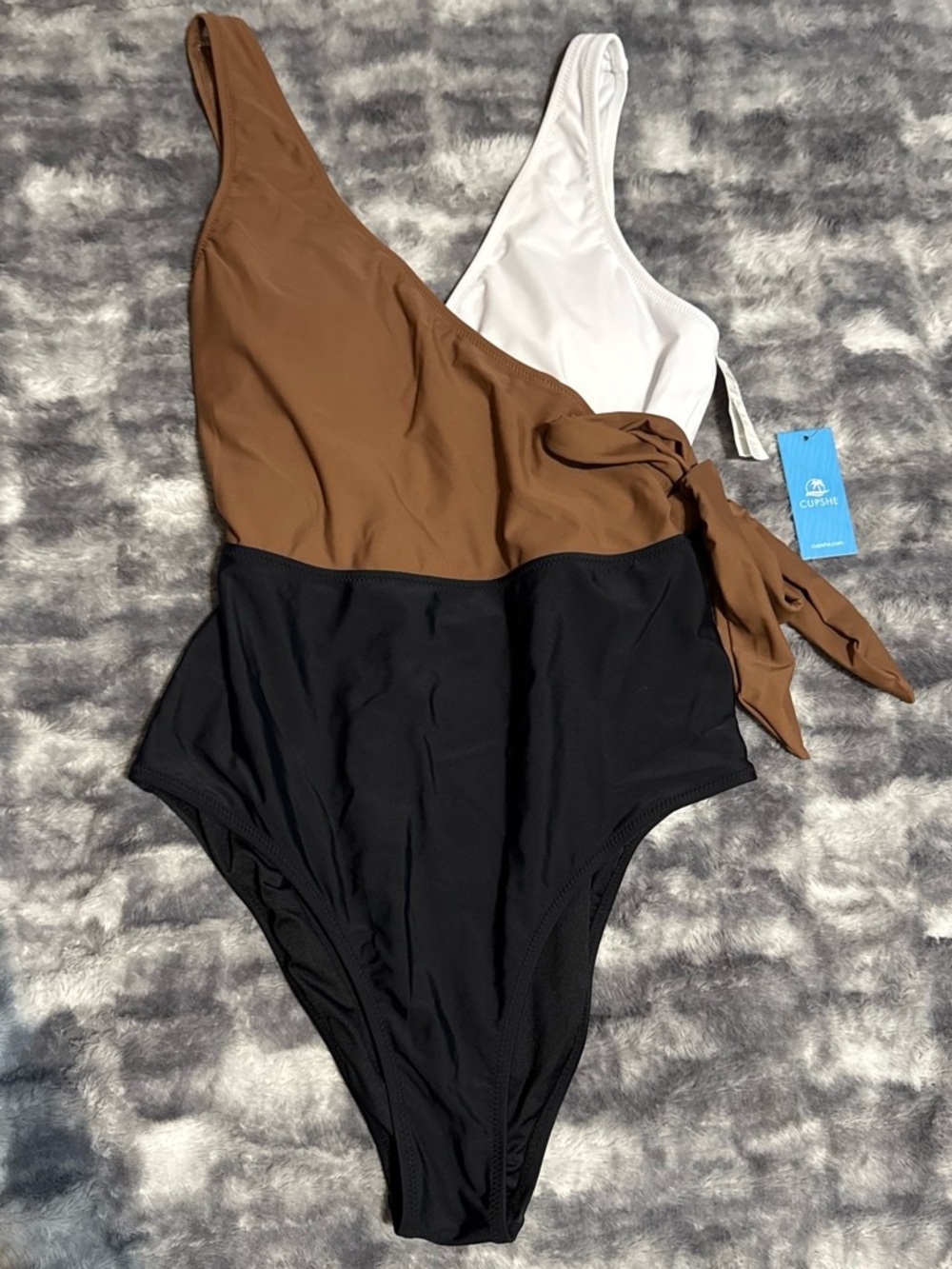 Cupshe One-Shoulder Colorblock One-Piece Swimsuit in Brown, Black & White